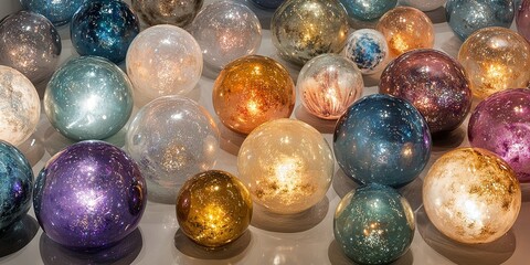 Poster - Colorful glass spheres resembling planets arranged on a surface reflecting light and creating a cosmic atmosphere