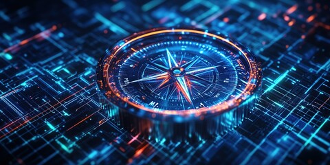 Poster - Modern compass design on a digital grid illuminated with vibrant blue and orange lights