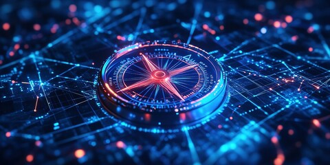 Poster - Modern digital compass with glowing lines on a tech-inspired background at night