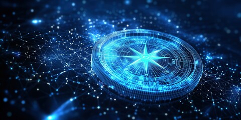 Poster - Compass model illustrating digital navigation technology in a futuristic setting at night