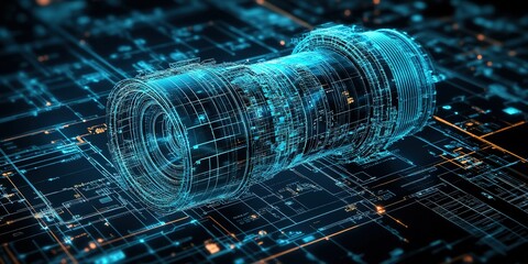 Poster - Digital representation of a camera lens on a futuristic circuit board background showcasing advanced technology