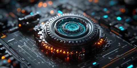 Poster - Futuristic circuit board with intricate design and glowing elements in a high-tech environment