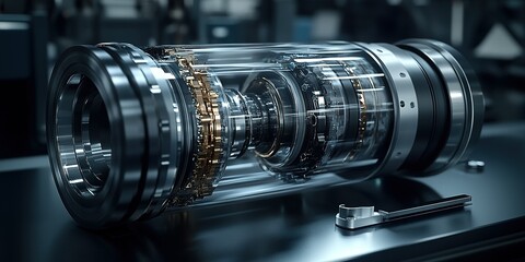 Poster - Engineering innovation showcased through a transparent mechanical assembly with intricate details in a modern workshop