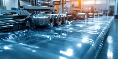 Poster - Industrial production line showcasing high-tech machinery processing transparent film in a manufacturing facility