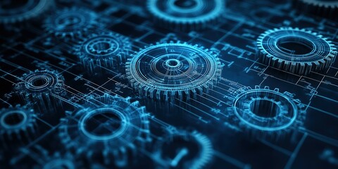 Poster - Digital gears and machinery create an intricate technological design in modern engineering