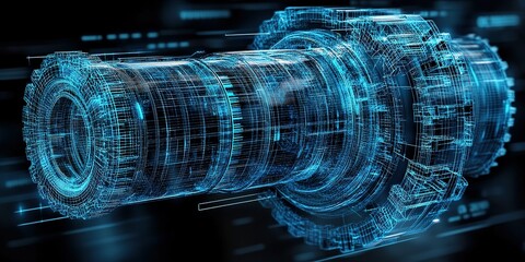 Poster - Digital representation of a futuristic gear with glowing blue lines and data streams