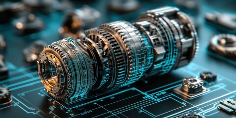 Poster - Detailed view of a futuristic mechanical component on a digital blueprint background