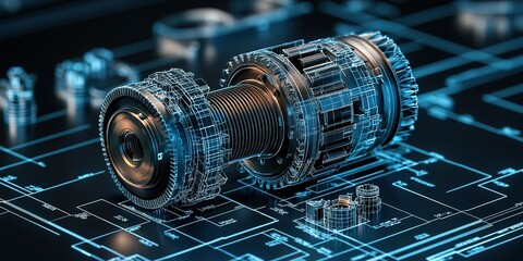 Poster - Detailed blueprint of a mechanical component showing intricate design and engineering processes in a modern workshop setting