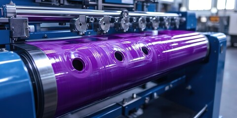 Poster - Printing machine with vibrant purple roller in a modern factory setting during daylight working hours