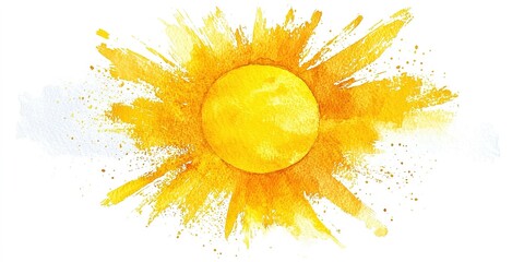 Bright yellow sun illustration with a watercolor splash effect in a cheerful design