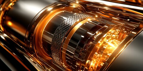 Poster - Close-up view of a shiny mechanical component showcasing intricate details in gold and silver tones