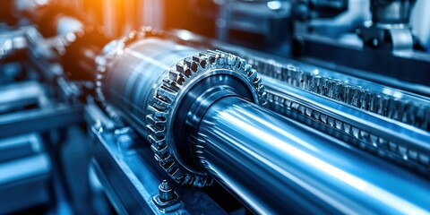Poster - Close-up view of industrial machinery highlighting precision gears and metallic components in a manufacturing facility