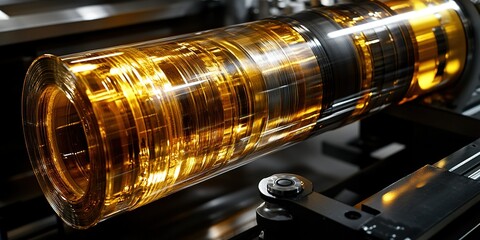 Poster - Clear cylindrical object showcasing intricate patterns in a modern manufacturing setting