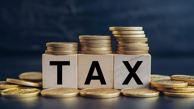 Word Tax Wooden Block with Gold Coins Against a Dark Background