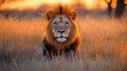 Poster - Golden light bathes a majestic lion as it rests in tall grass, embodying the spirit of Africa's Big Five in a stunning landscape at sunset. Nature thrives around this regal presence