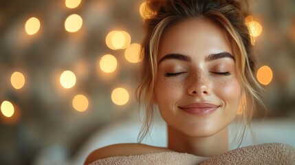 Aufkleber - A woman with a serene expression rests with closed eyes, surrounded by soft warm lights that create a calming atmosphere in the evening. She exudes peacefulness and contentment.