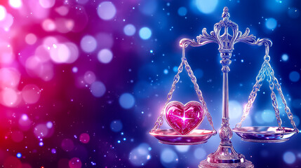 Poster - Digital art of scales symbolizing balance with a vibrant heart and colorful light effects