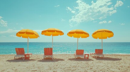 Poster - Brightly colored deck chairs align beneath cheerful umbrellas, inviting relaxation on soft sandy shores. The sun shines brightly, casting a warm glow over the tranquil ocean waves