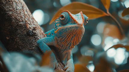 Aufkleber - This captivating Agamidae is poised gracefully on a nearby branch, displaying a stunning blend of turquoise and orange hues amidst a vibrant forest backdrop, inviting admiration
