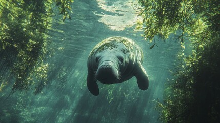 Poster - A gentle West Indian manatee swims effortlessly beneath the water, illuminated by soft rays of sunlight. The surroundings exhibit vibrant aquatic plants, creating a tranquil atmosphere