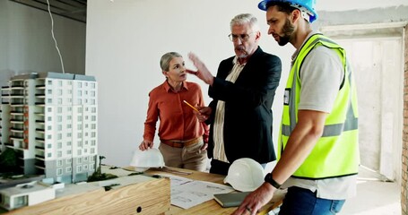 Aufkleber - Architect, building model and meeting with architecture blueprint, collaboration and planning for builder job. People, management and teamwork with discussion and contractor design with renovation