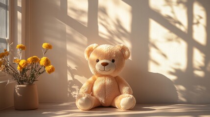 Aufkleber - A plush teddy bear, soft and inviting, rests on a light wooden surface near a vase of yellow flowers. Bright morning sunlight filters through a window, creating soft shadows.