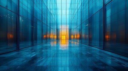 Poster - Contemporary architecture comes to life through striking glass walls, reflecting vibrant colors at dusk. This captivating space melds light and design, creating an immersive experience