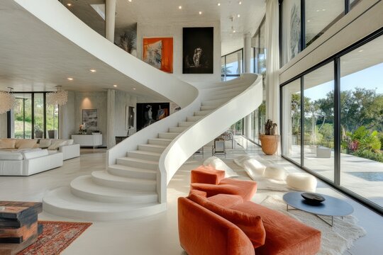 White concrete curved staircase creating a bold, minimalist aesthetic in a contemporary home
