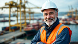 A confident seaport worker in a high-visibility vest and hard hat, with a bustling harbor backdrop.