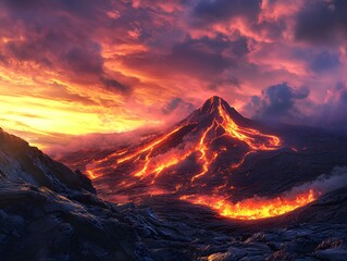 An active volcano with flowing lava and a dramatic color