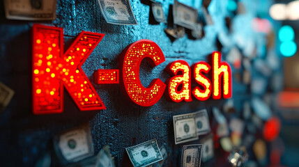 Poster - 3D Neon K-Cash Sign with Currency Notes in Vibrant Financial Theme Background