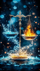 Poster - A striking scale shows one cup of water and another of flames, radiating energy and contrast