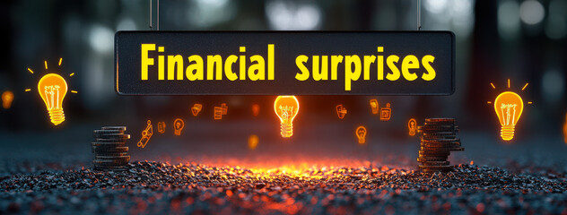 Poster - 3d financial surprises banner with glowing light bulbs and stacks of coins