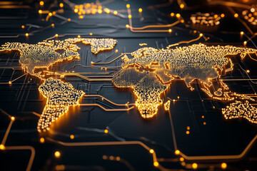 Poster - A vibrant, glowing map displays continents and oceans, intricately designed with circuitry and illuminated details