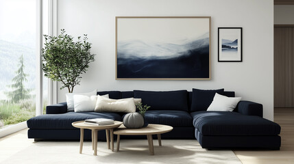 Interior design of modern living room with navy sofa and natural decor
