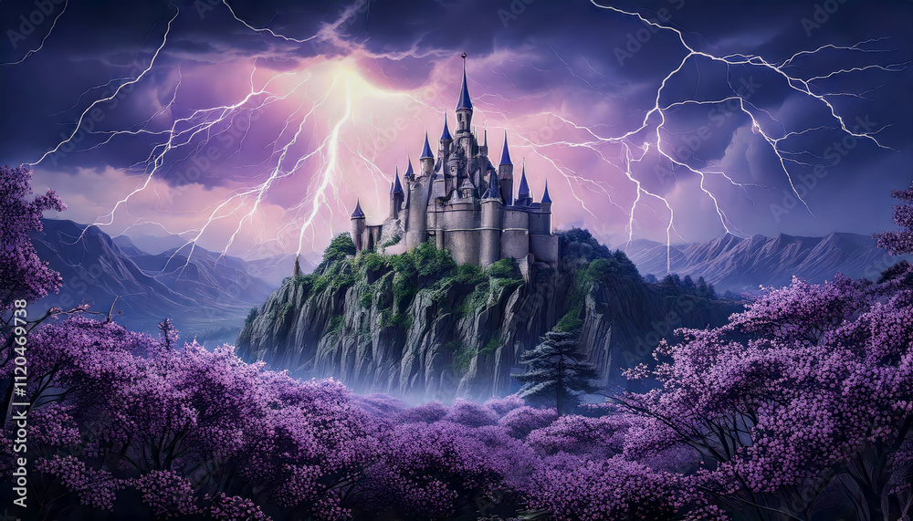 Fantasy illustration of ancient medieval castle on rocky outcrop of ...