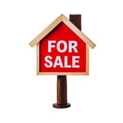 A red house-shaped for sale sign mounted on a wooden stand, symbolizing real estate, housing sales, and property opportunities  
