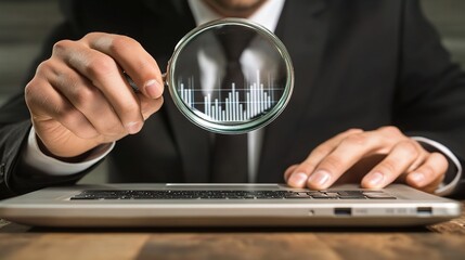 Poster - Businessman Analyzing Graph Data with Magnifying Glass on Laptop
