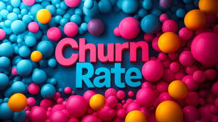 Poster - Vibrant 3D Churn Rate Text Banner with Colorful Spheres and Business Concept