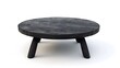 © Quickknow - A sleek round black wooden coffee table with three legs, highlighting its rich wood texture, placed on a pure white backdrop, photographed in crisp HD clarity.