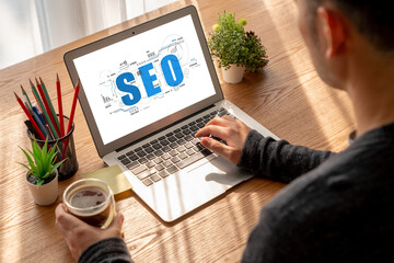 Fototapete - seo search engine optimization for modish e-commerce and online retail business showing on computer 