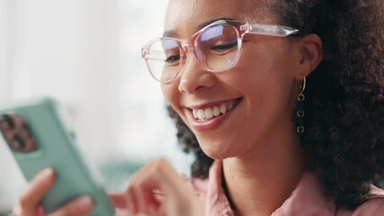 Poster - Woman, mobile and happy in office with social media, connectivity and funny status update. Creative person, glasses and phone in agency for online marketing, typing and laugh with app for networking