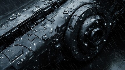 Canvas Print - Rain-soaked futuristic metallic device close-up.