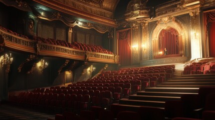 An empty classic theater featuring rows of plush red velvet chairs and elegant architecture.

