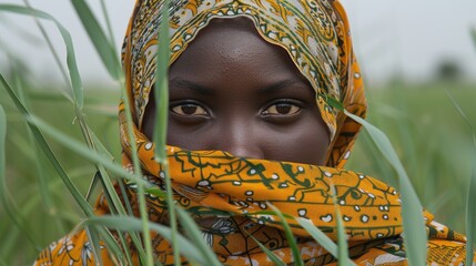 Poster - Portrait of a Woman in a Colorful Traditional Headscarf Surrounded by Tall Green Grass, Capturing Cultural Beauty and Serene Natural Setting