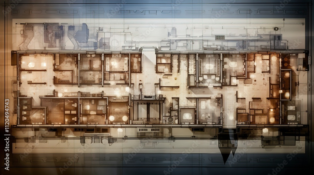 Architectural blueprint of a building floor plan, with detailed room ...