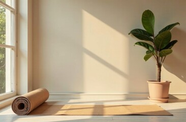 Poster - Minimalist living room with yoga mat and golden hour light