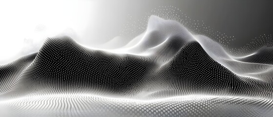 Poster - Abstract black and white landscape created with dotted patterns, conveying a sense of depth and movement. The flowing forms resemble rolling hills or waves in a digital realm.