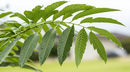 Wall Mural - Close-up of green leaves with water droplets.