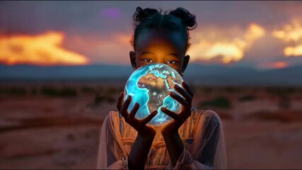 young african girl holding an illuminated earth globe in front of their face. with a renewed sense o